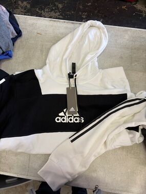 adidas White and Black Colorblock Pullover Hoodie